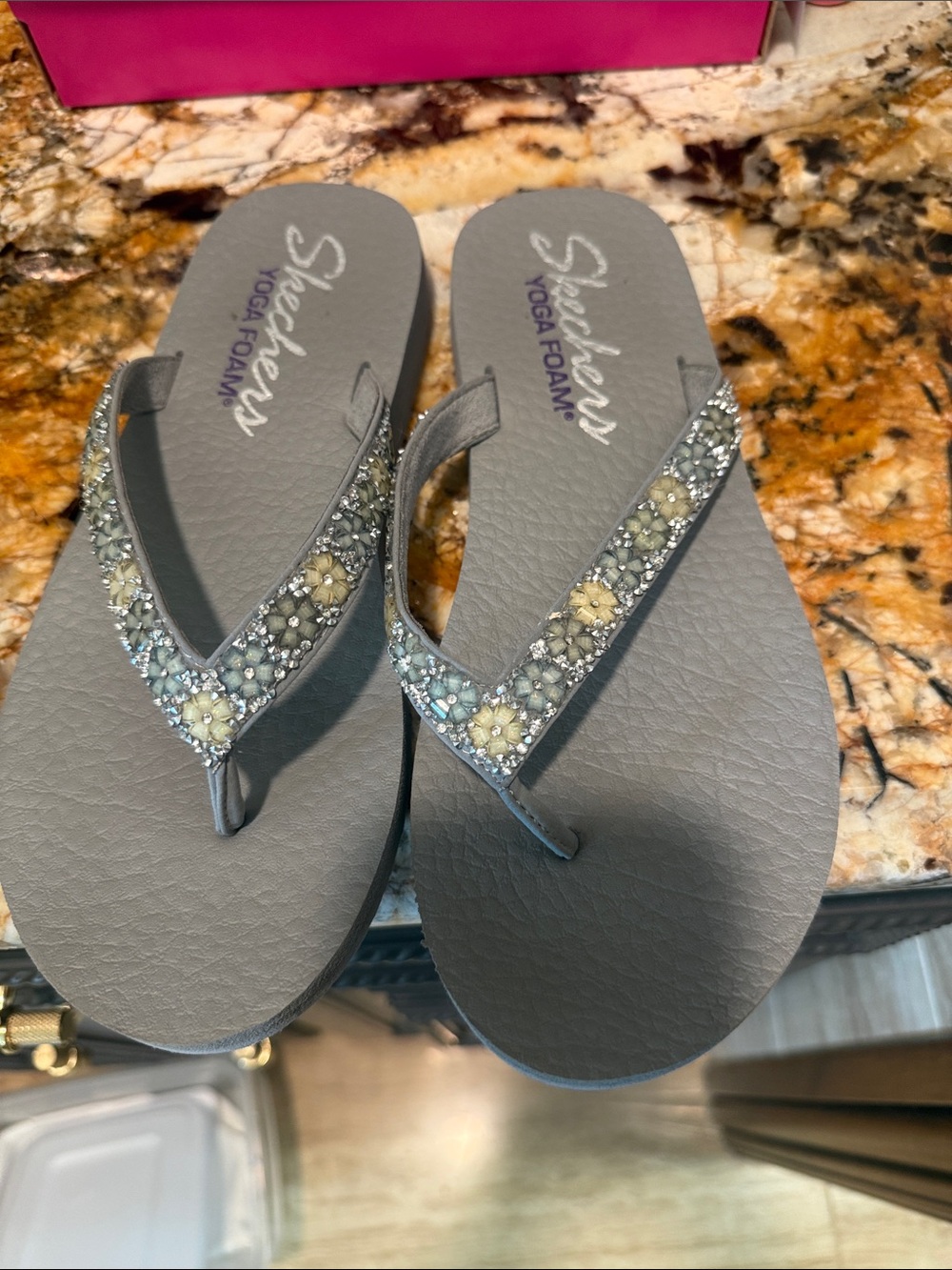 Skechers Gray Jeweled Yoga Foam Flip Flop Sandals